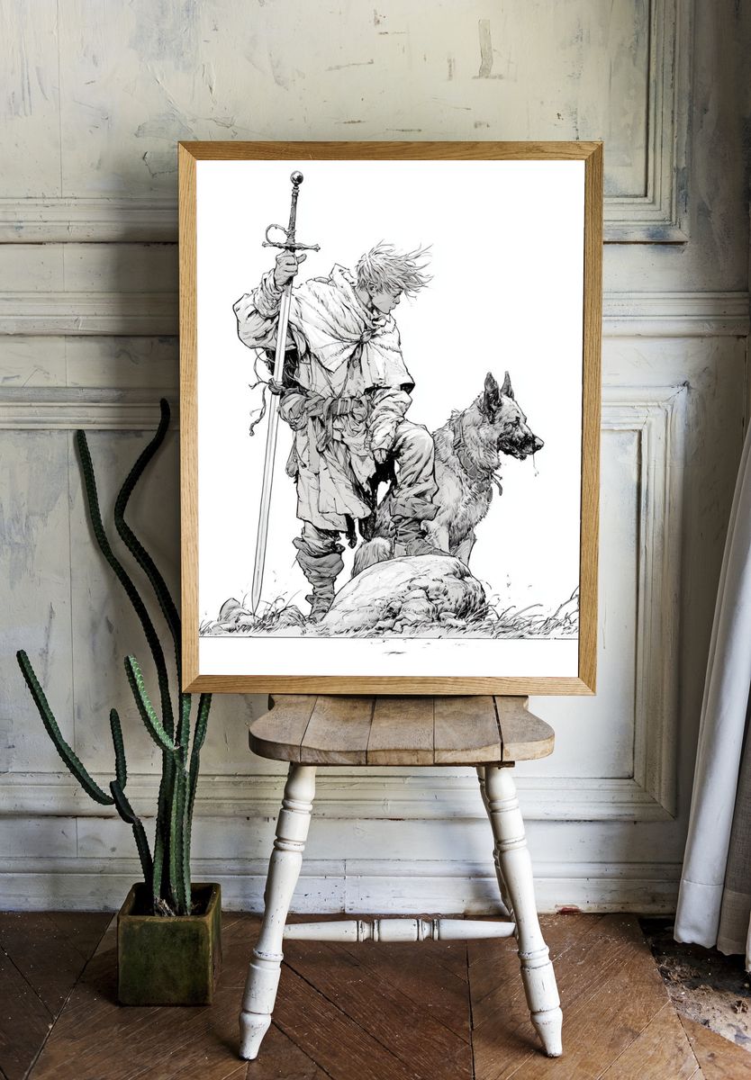 Fantasy Knight and Wolf Ink Print. room preview