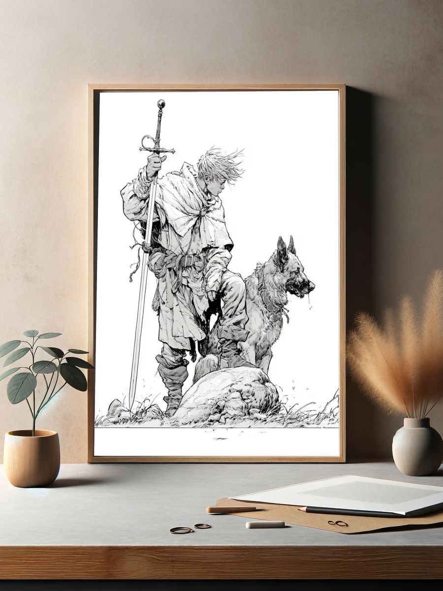 Fantasy Knight and Wolf Ink Print. — room view 2