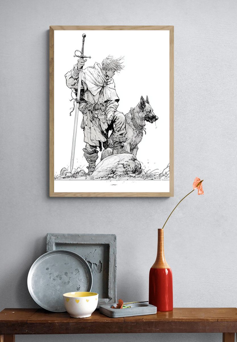 Fantasy Knight and Wolf Ink Print. — room view 3