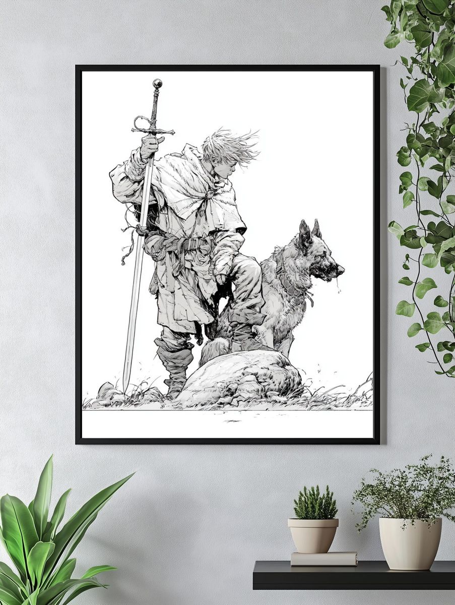 Fantasy Knight and Wolf Ink Print. — room view 4