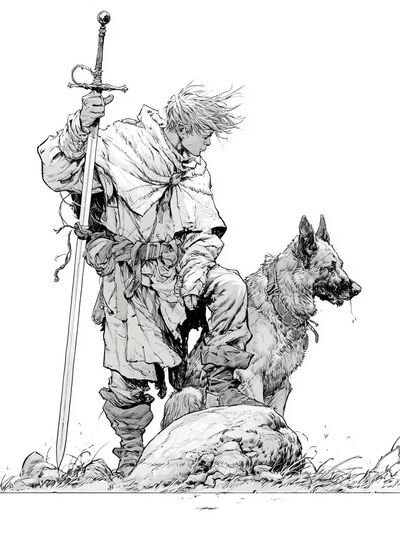 Fantasy Knight and Wolf Ink Print.