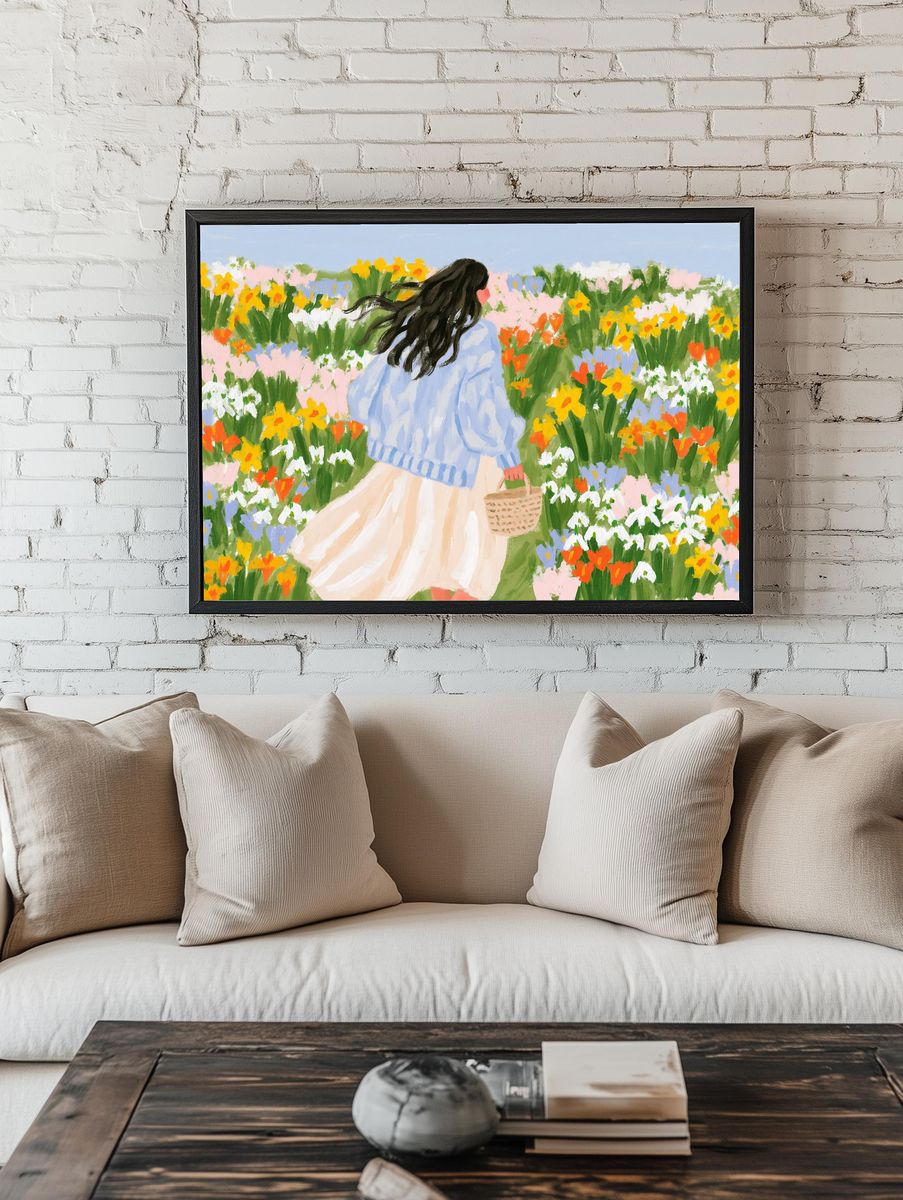 Girl in Flower Field Illustration Poster. room preview