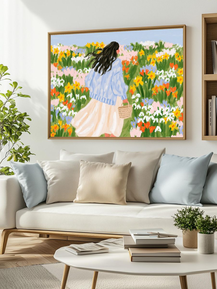 Girl in Flower Field Illustration Poster. — room view 2