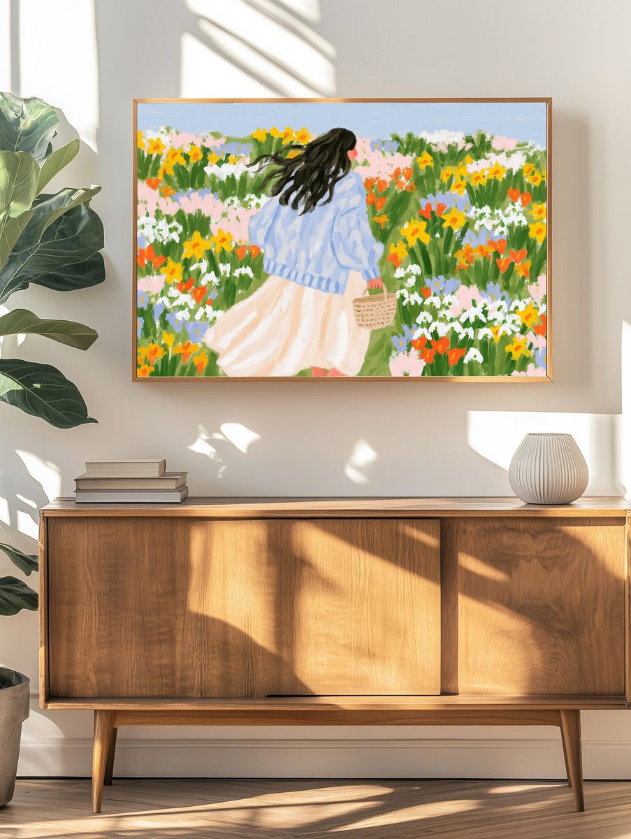Girl in Flower Field Illustration Poster. — room view 3