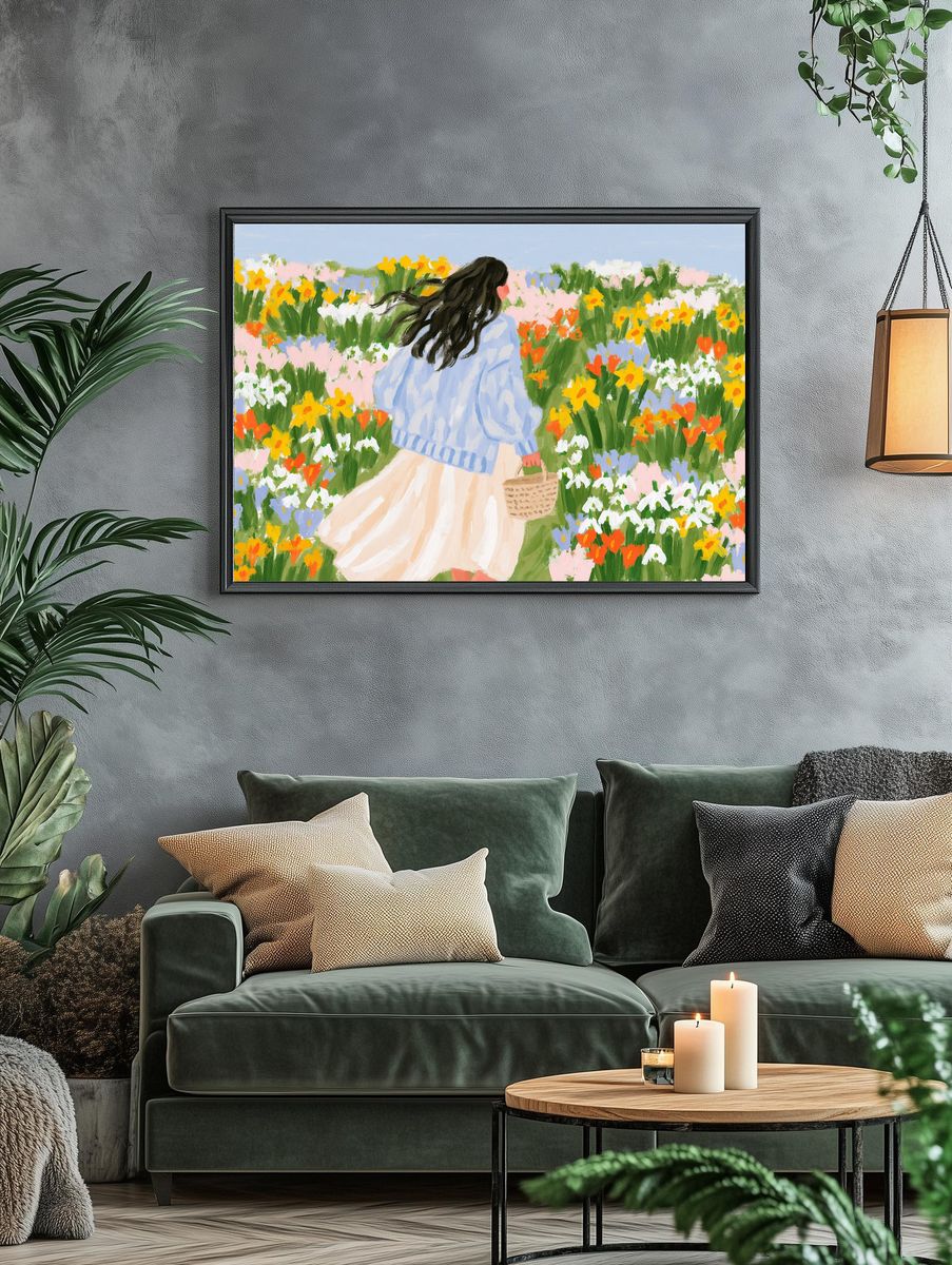 Girl in Flower Field Illustration Poster. — room view 4