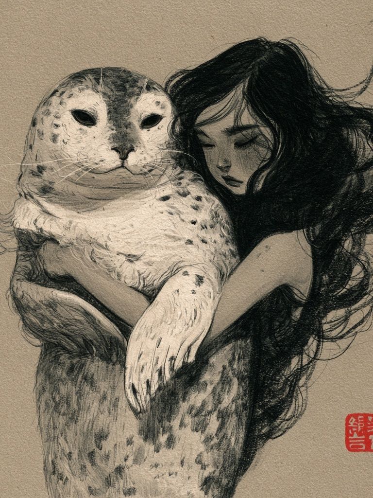 Girl and Seal Ink Print. poster — illustration art
