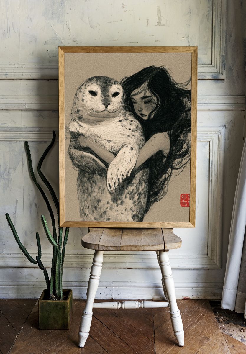 Girl and Seal Ink Print. — room view 1