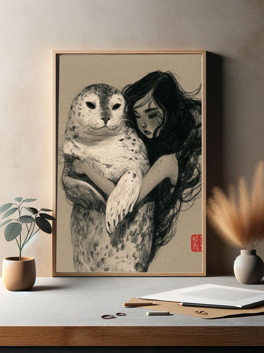Girl and Seal Ink Print. — room view 2