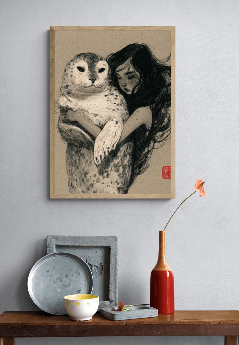 Girl and Seal Ink Print. — room view 3