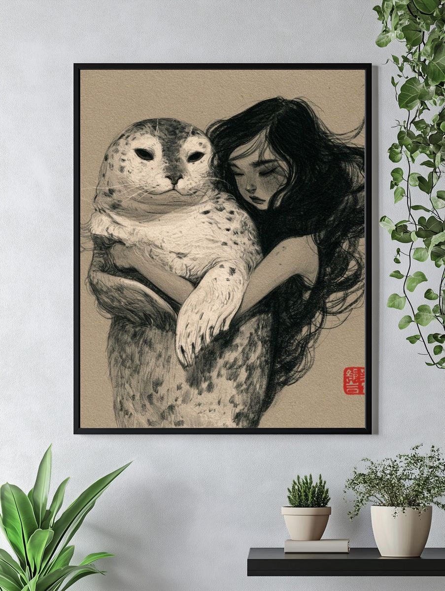 Girl and Seal Ink Print. — room view 4