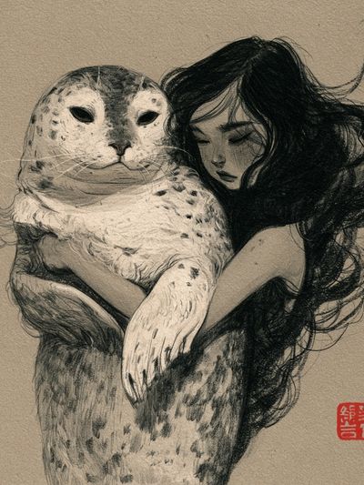 Girl and Seal Ink Print. poster