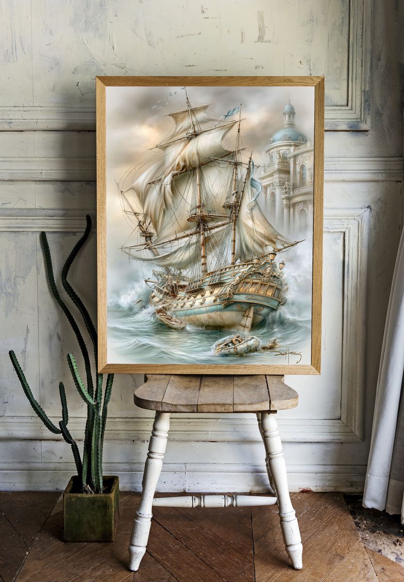 Stormy Sailing Ship Fantasy Print. — room view 1