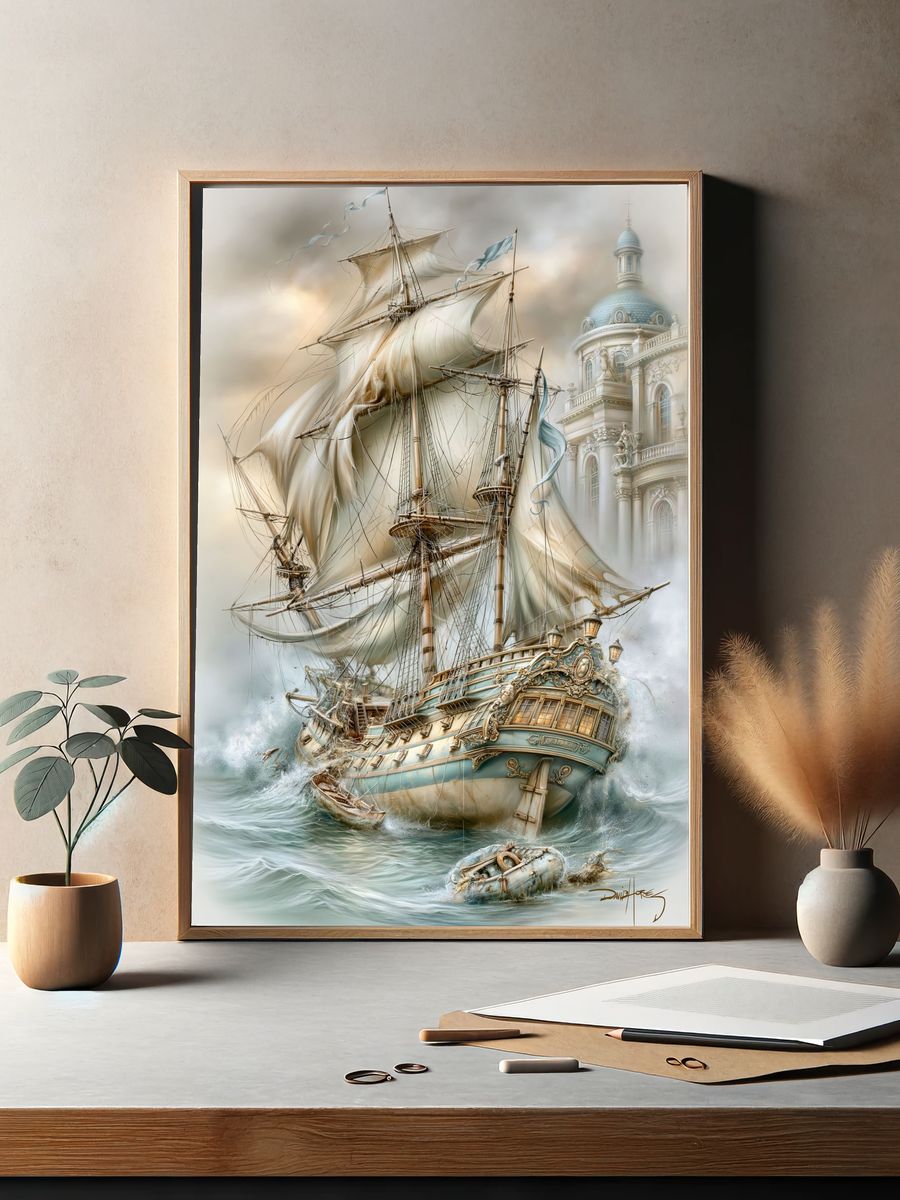 Stormy Sailing Ship Fantasy Print. — room view 2
