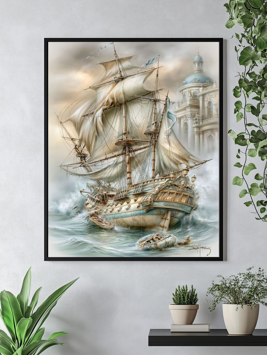 Stormy Sailing Ship Fantasy Print. — room view 4