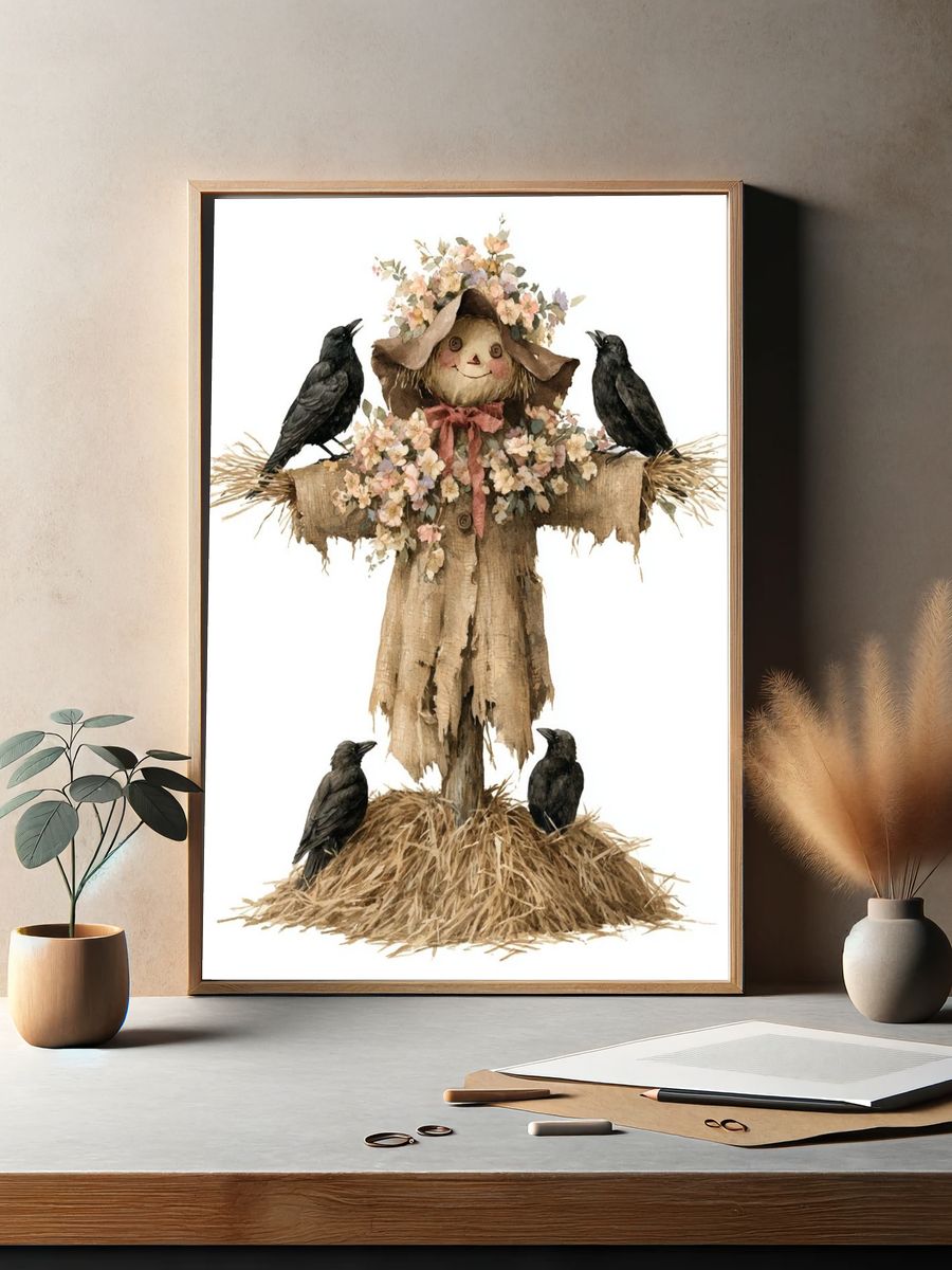 Scarecrow with Crows Illustration Poster. — room view 2