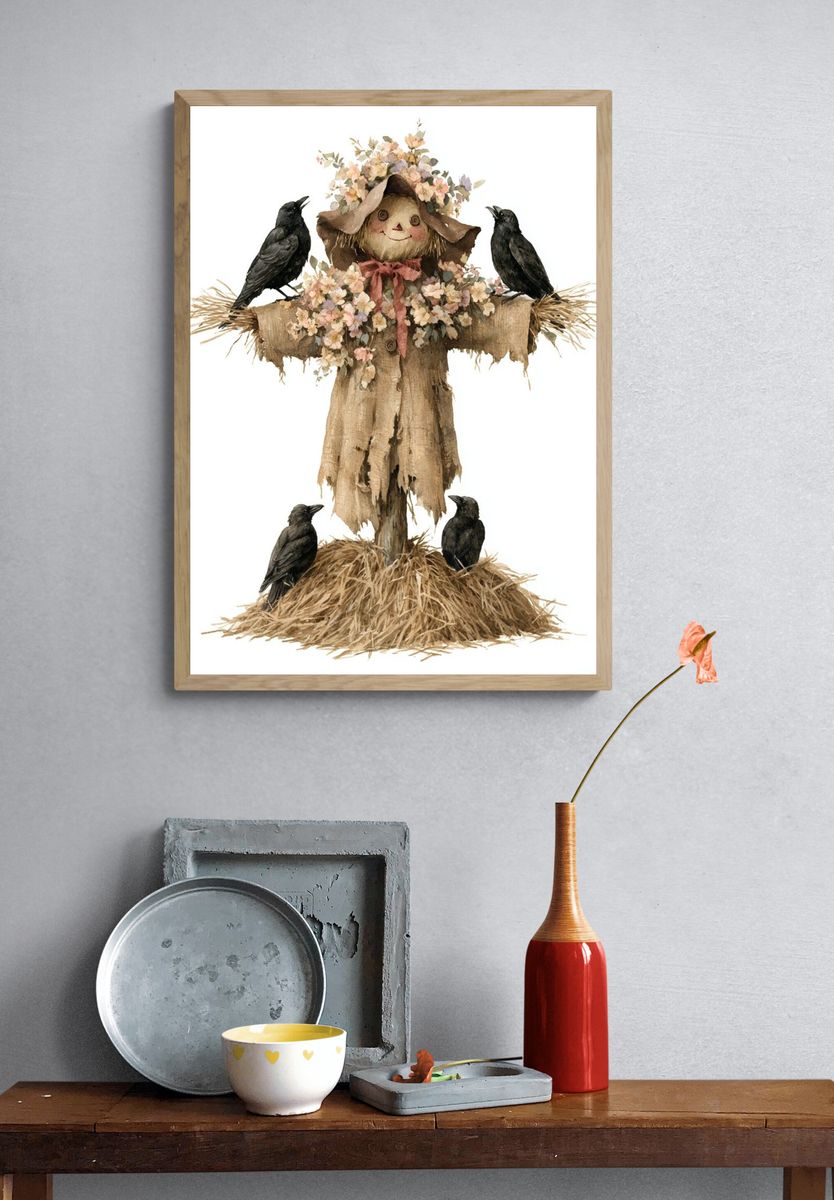 Scarecrow with Crows Illustration Poster. — room view 3