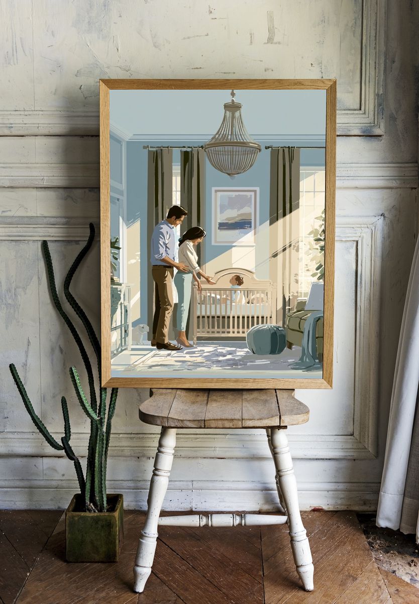 Sunlit Nursery Family Illustration Poster. — room view 1