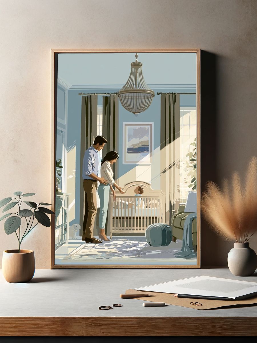 Sunlit Nursery Family Illustration Poster. — room view 2