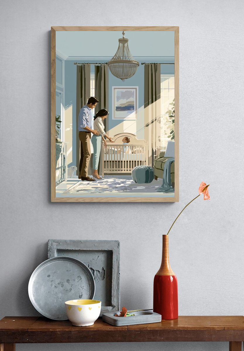 Sunlit Nursery Family Illustration Poster. — room view 3