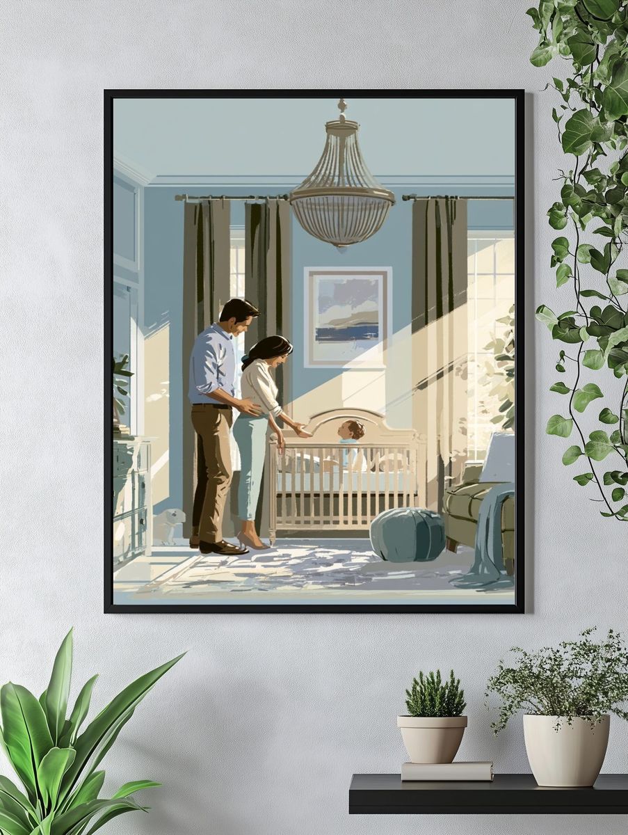 Sunlit Nursery Family Illustration Poster. — room view 4