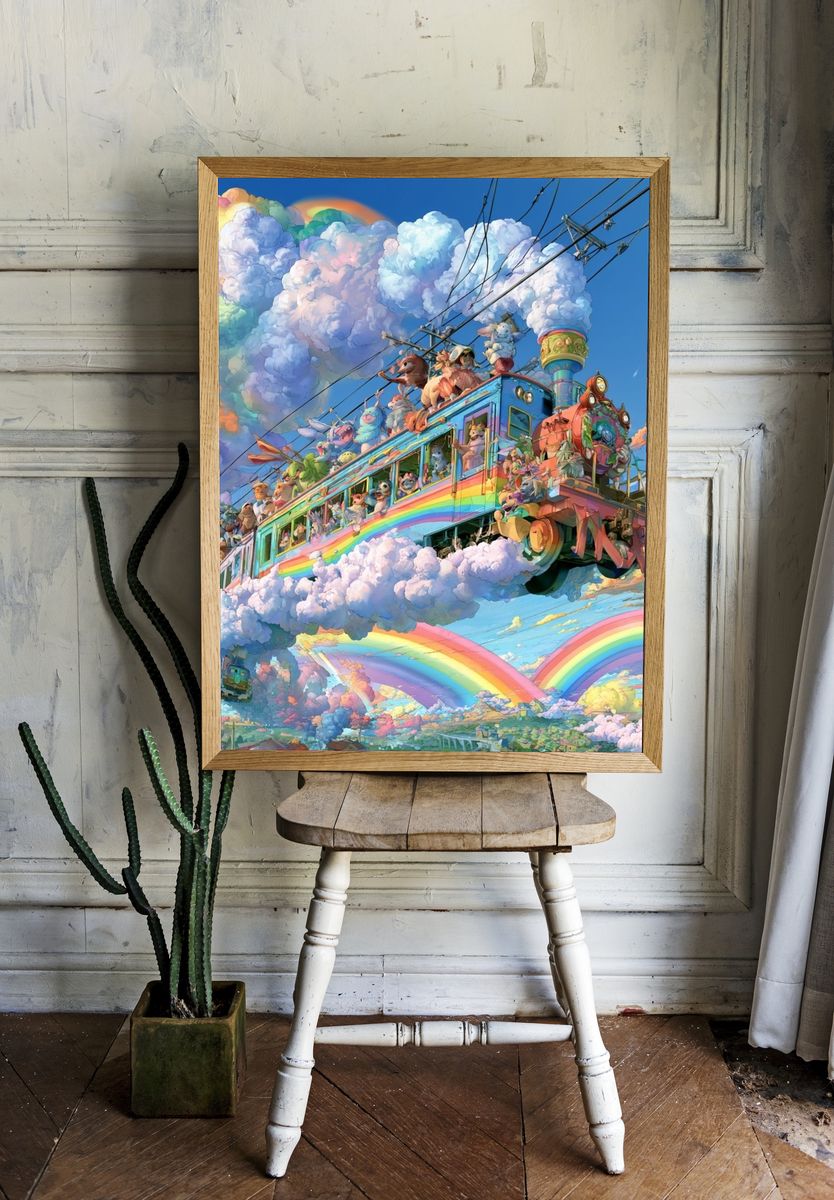 Rainbow Cloud Train Illustration Poster. room preview