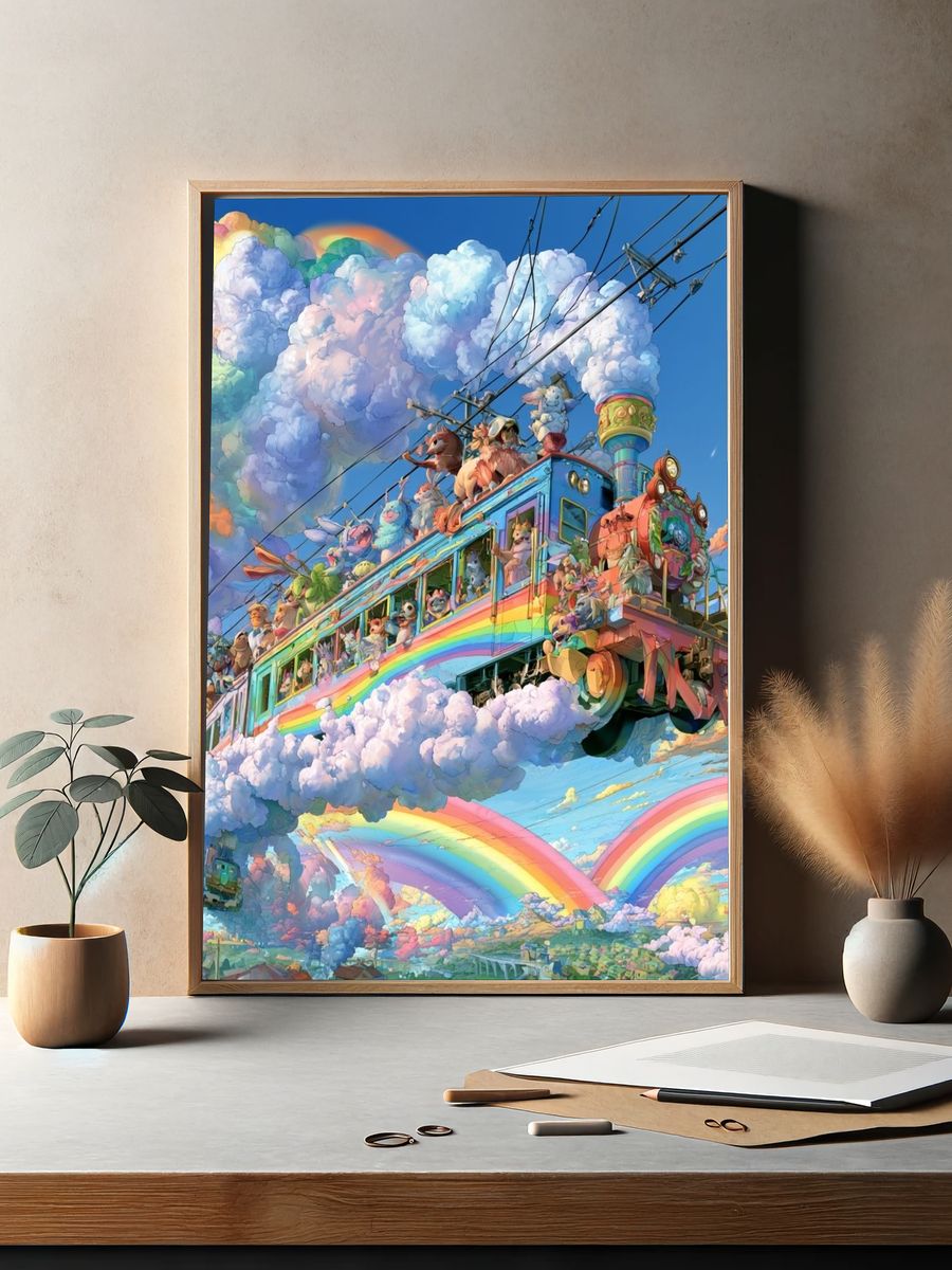 Rainbow Cloud Train Illustration Poster. — room view 2
