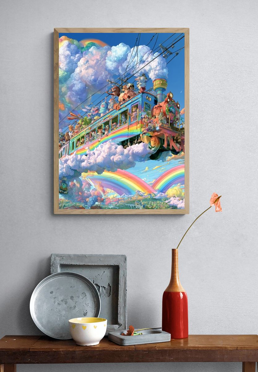 Rainbow Cloud Train Illustration Poster. — room view 3