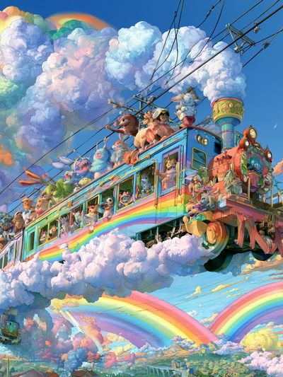 Rainbow Cloud Train Illustration Poster.