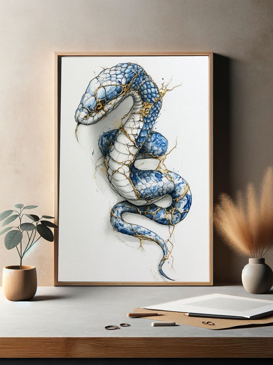 Blue Serpent Watercolor Poster. — room view 2
