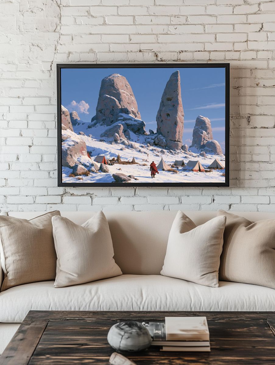 Snowy Monolith Camp Illustration Poster. — room view 1