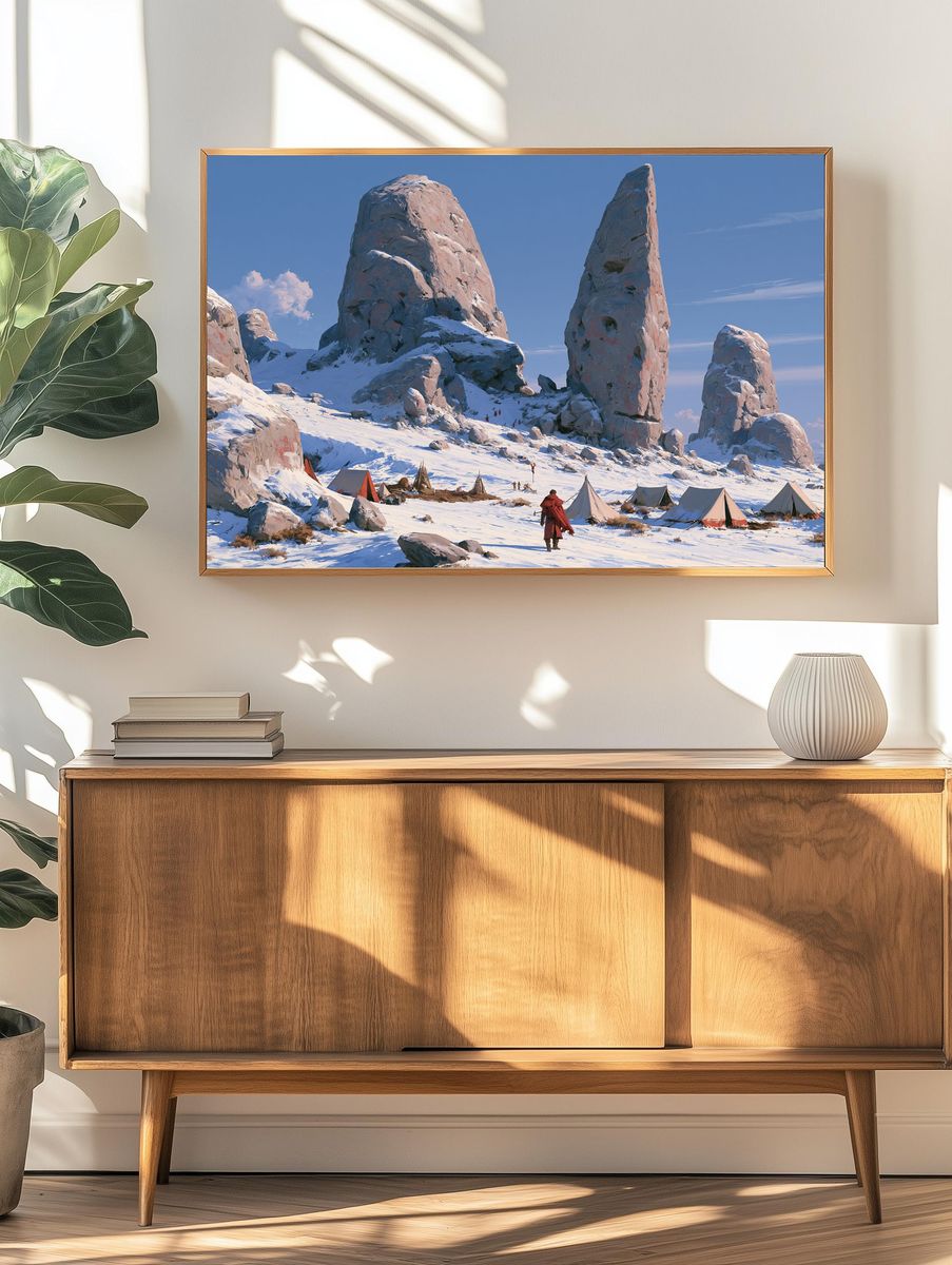Snowy Monolith Camp Illustration Poster. — room view 3
