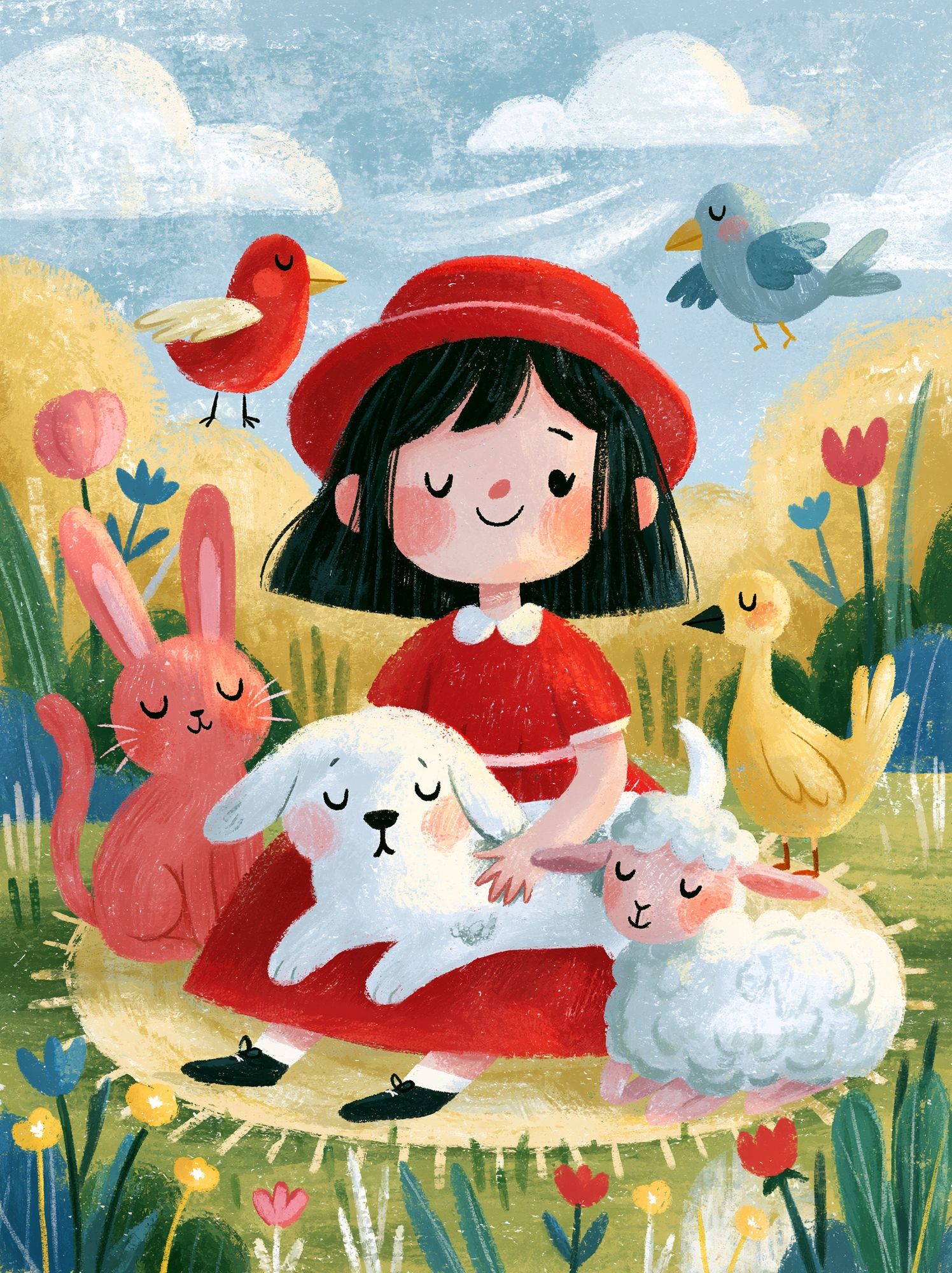 Girl with Animals Illustration Poster. poster — illustration art