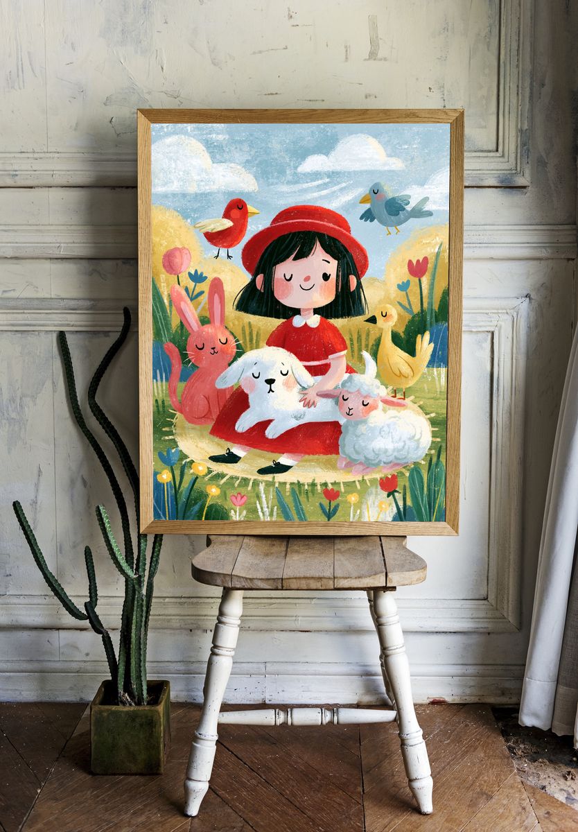 Girl with Animals Illustration Poster. room preview