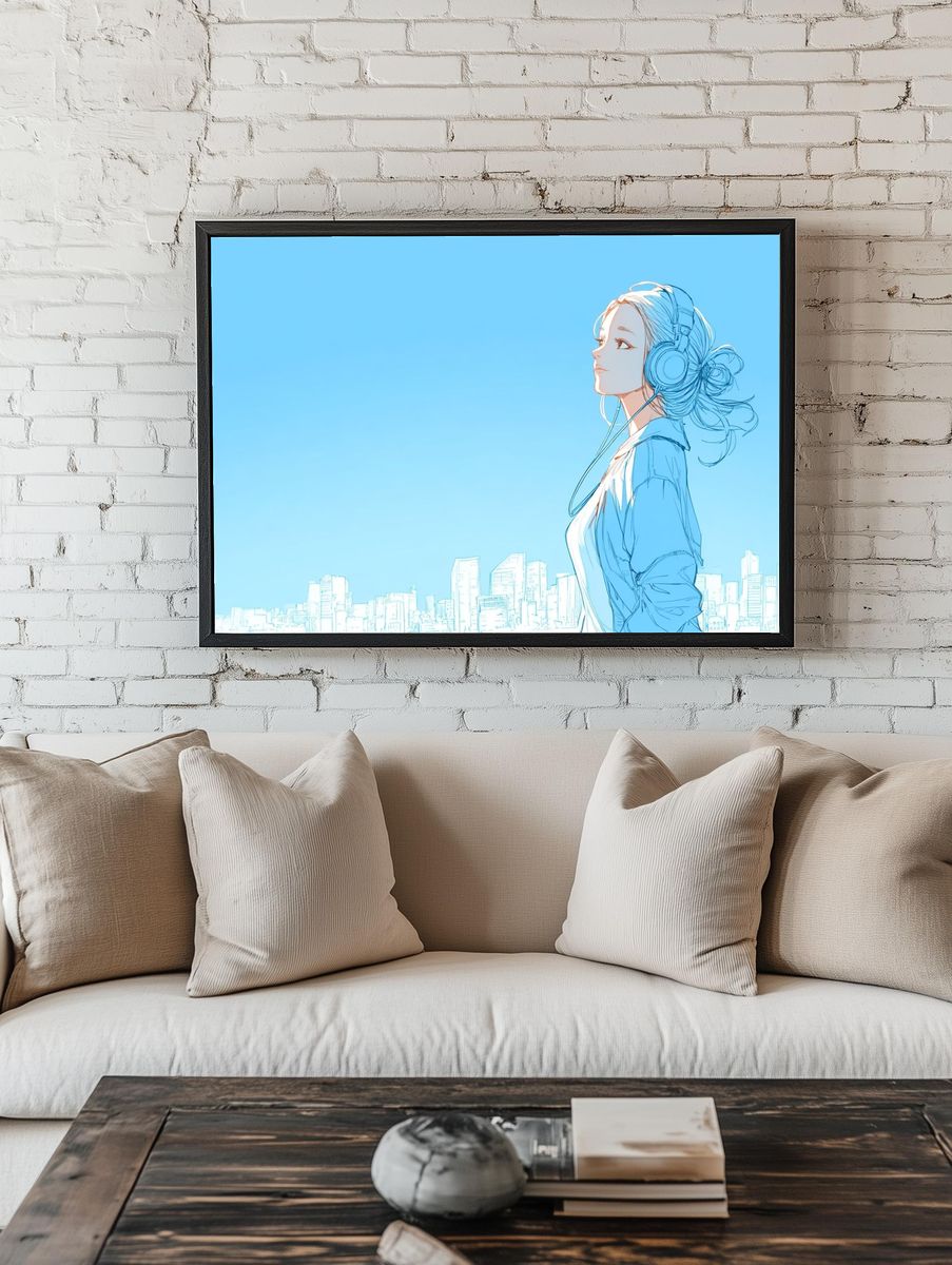 City Girl with Headphones Illustration Poster room preview