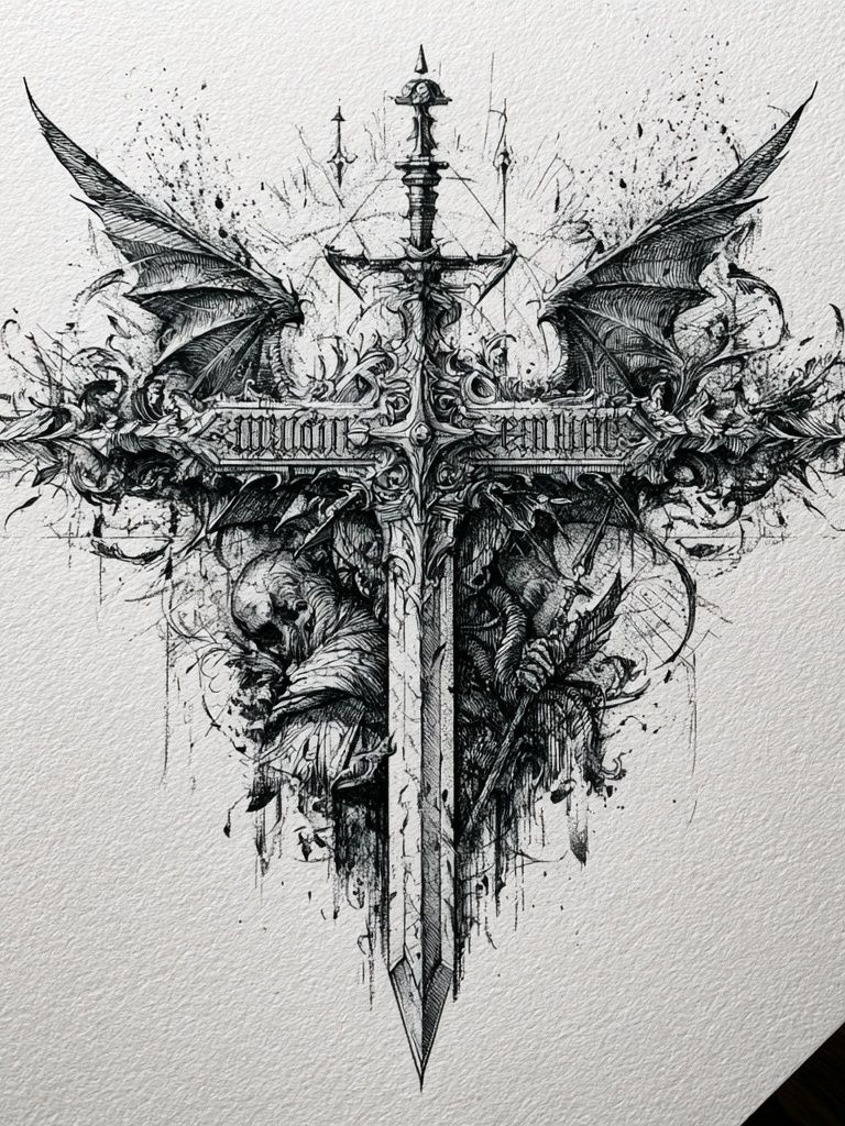 Gothic Winged Sword Illustration Poster. poster — illustration art