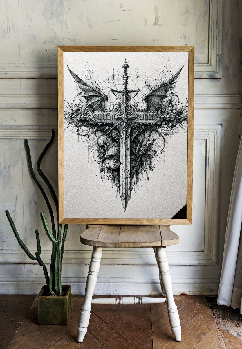 Gothic Winged Sword Illustration Poster. room preview