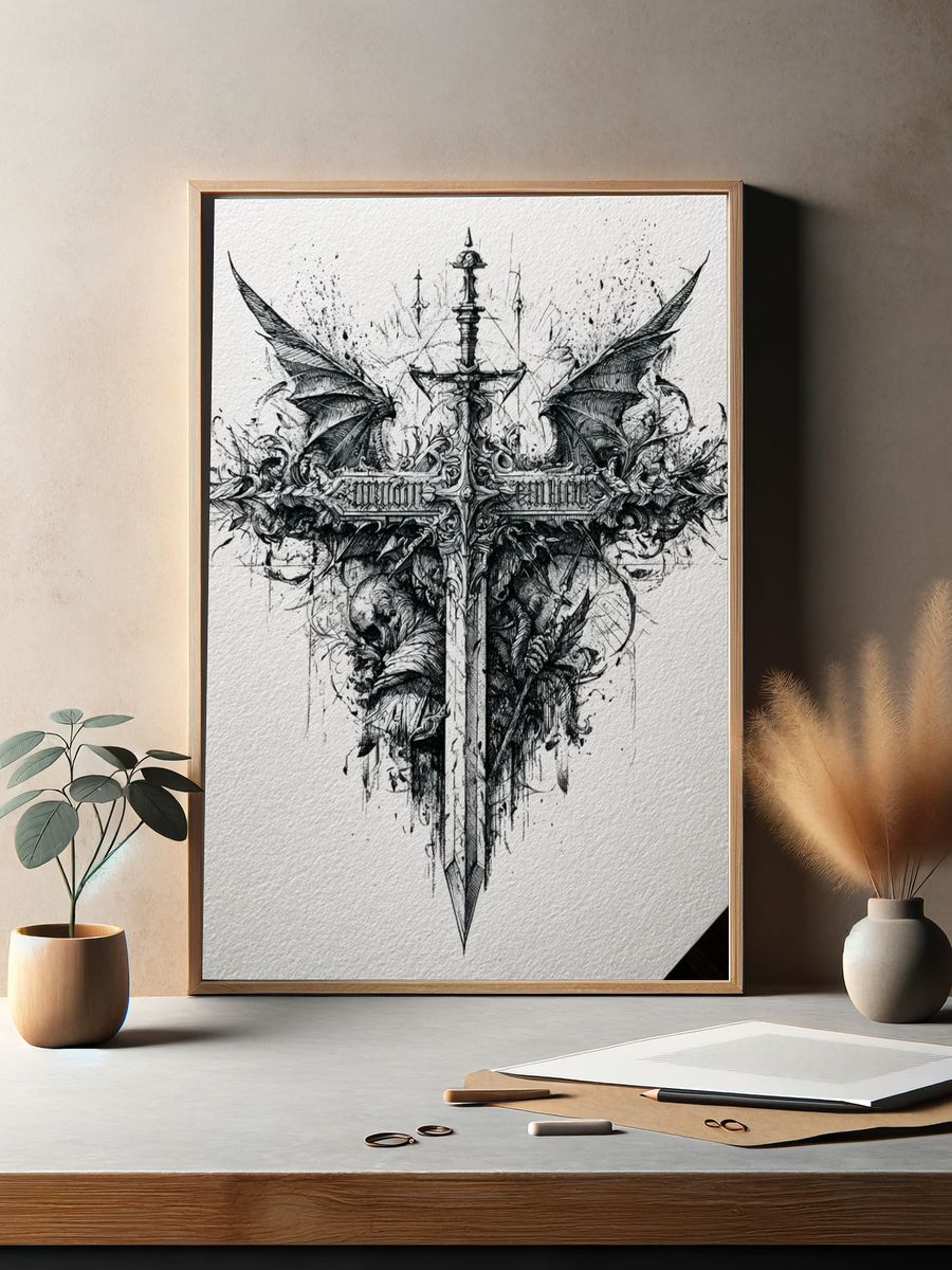Gothic Winged Sword Illustration Poster. — room view 2