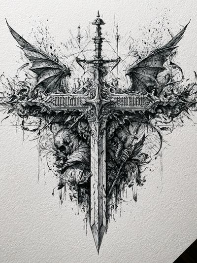 Gothic Winged Sword Illustration Poster. poster