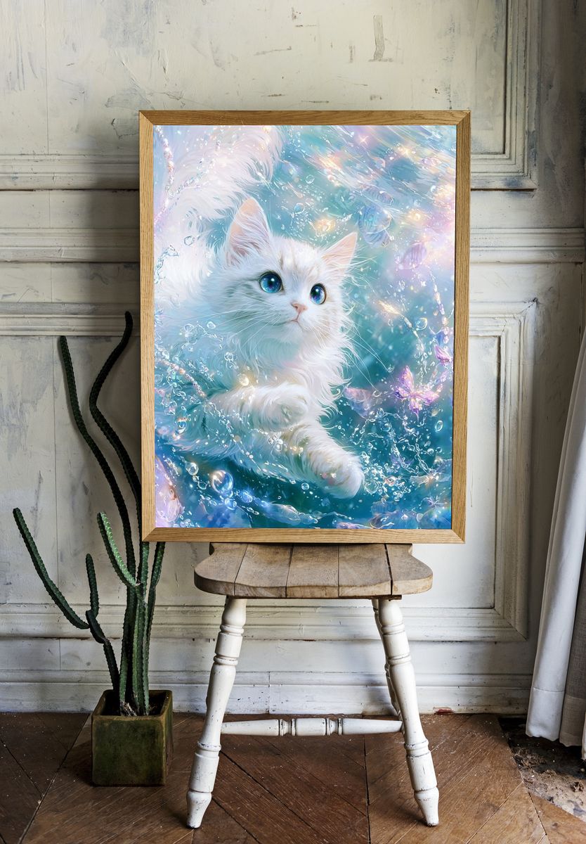 Dreamy White Cat Underwater Poster. room preview