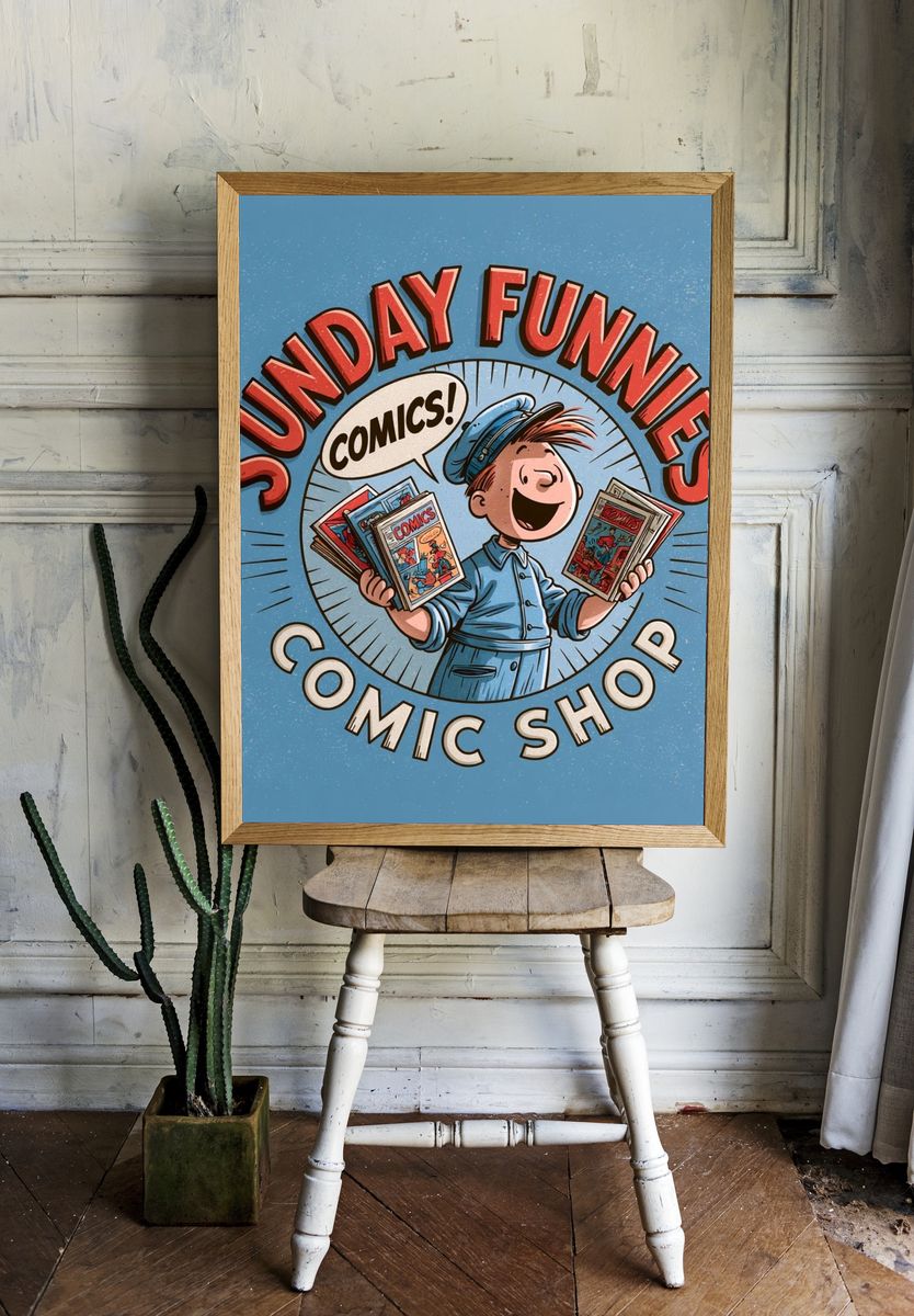 Sunday Funnies Comic Shop Poster. — room view 1