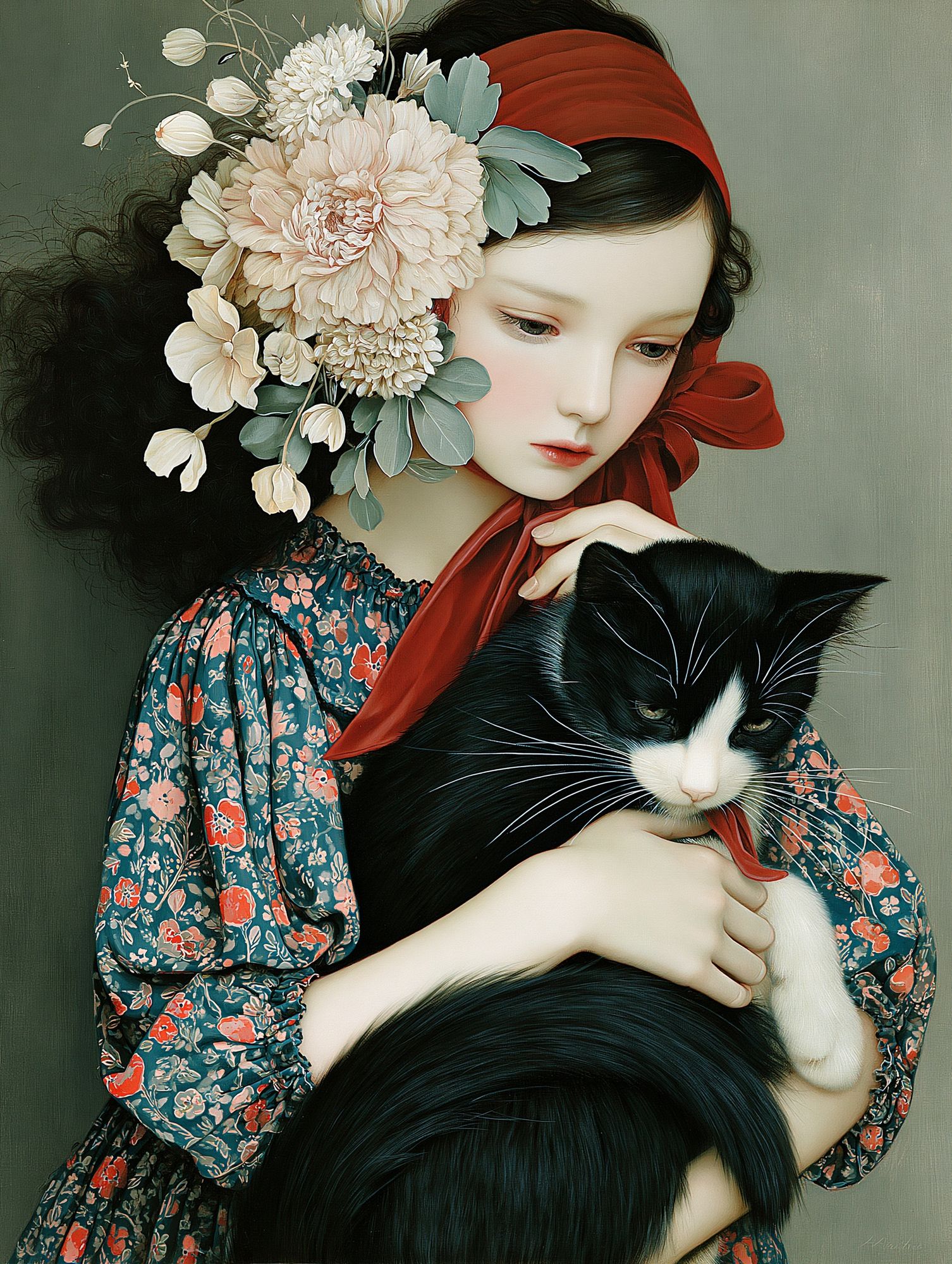 Girl with Cat Floral Illustration Poster. poster detail