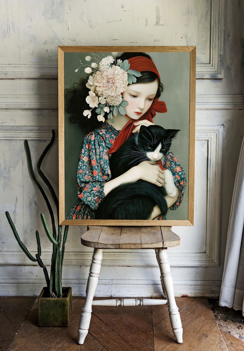 Girl with Cat Floral Illustration Poster. room preview