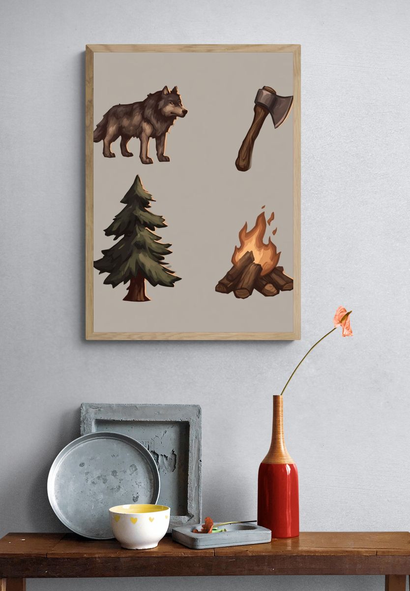Forest Survival Icons Illustration Print. — room view 3