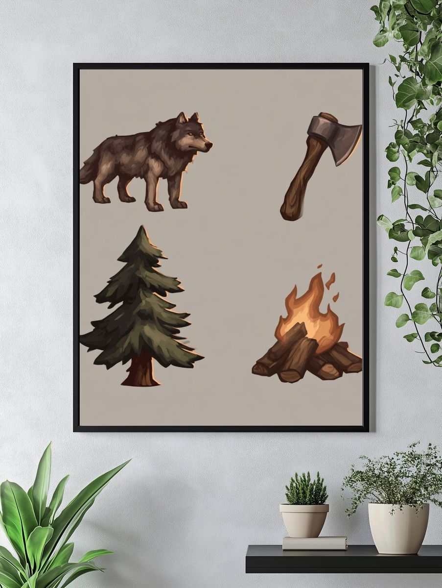 Forest Survival Icons Illustration Print. — room view 4