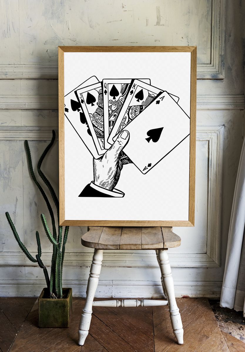 Hand holding play cards drawing. — room view 1