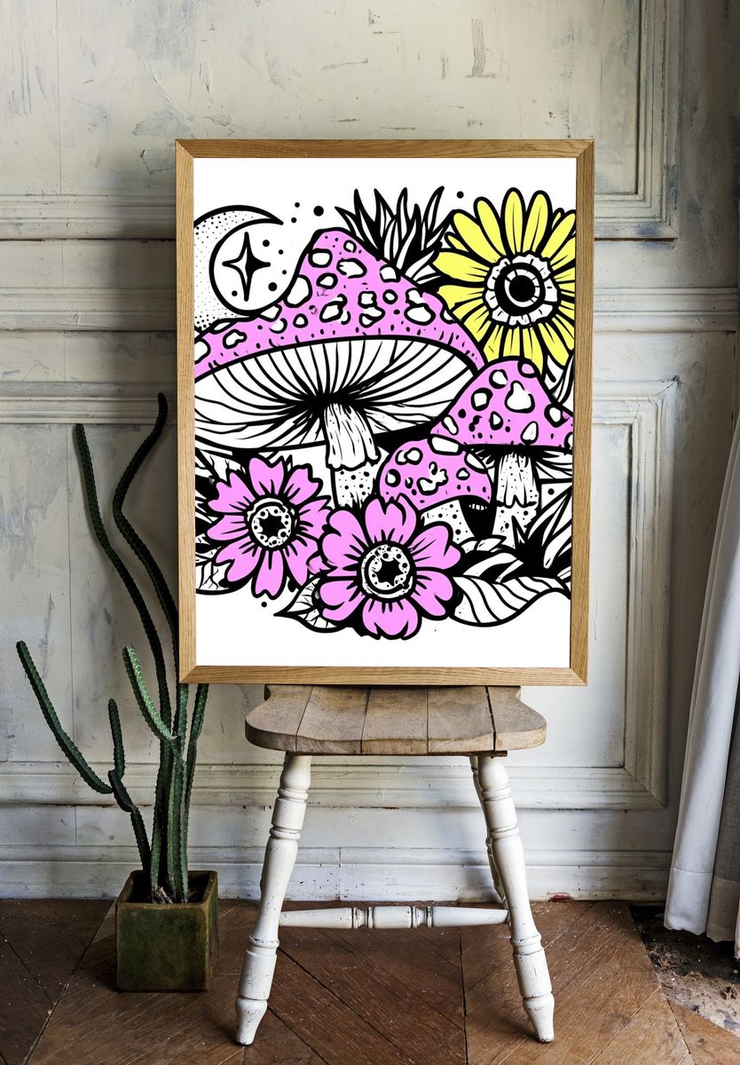 Mushroom Moon Garden Illustration Poster. — room view 1