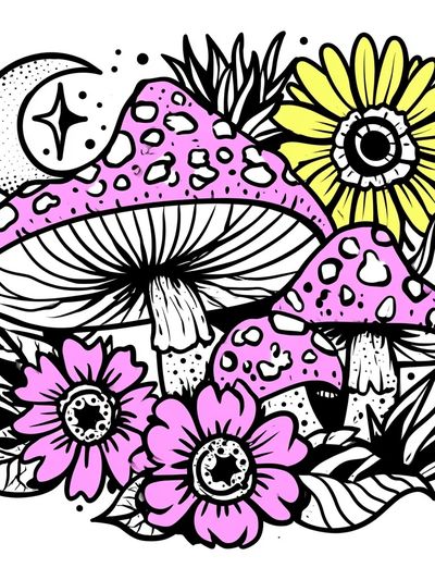 Mushroom Moon Garden Illustration Poster.