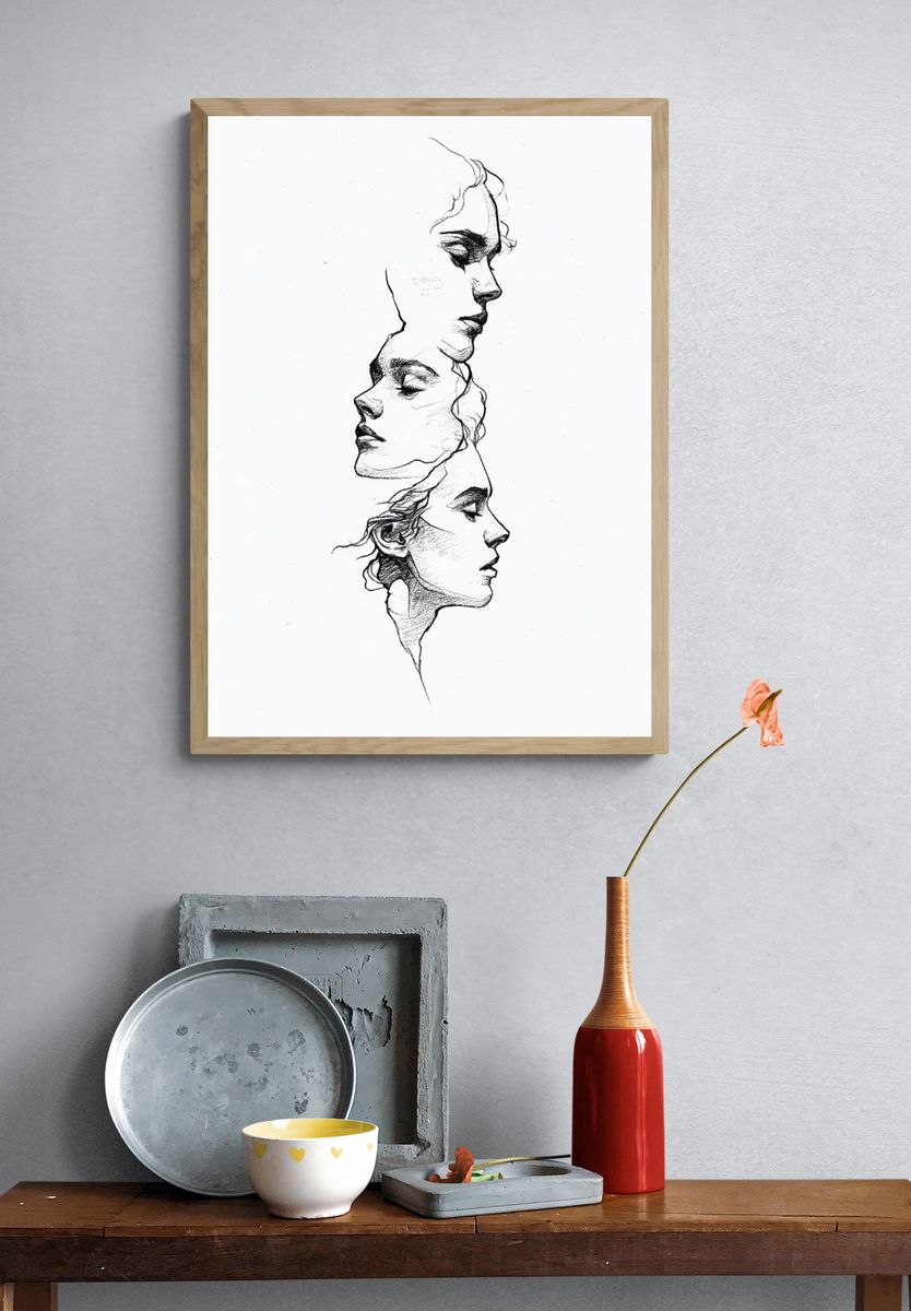 Three Faces Line Art Poster. — room view 3