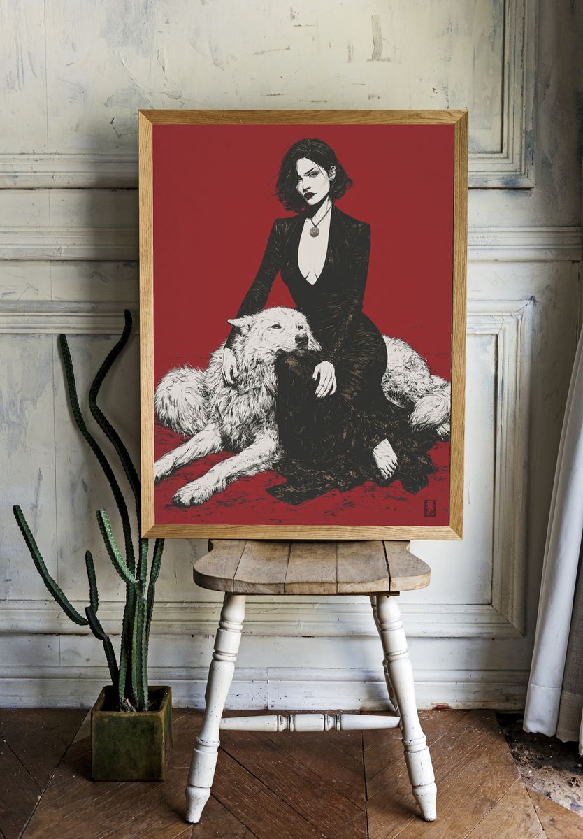 Woman and Wolf Illustration Poster. room preview