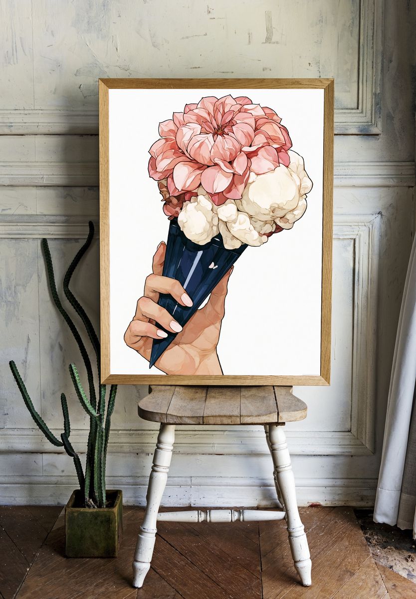 Peony Ice Cream Cone Illustration Poster. — room view 1